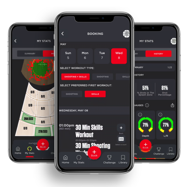 Shoot 360 mobile app showing workout booking, shooting stats, and performance analytics on smartphone screens.