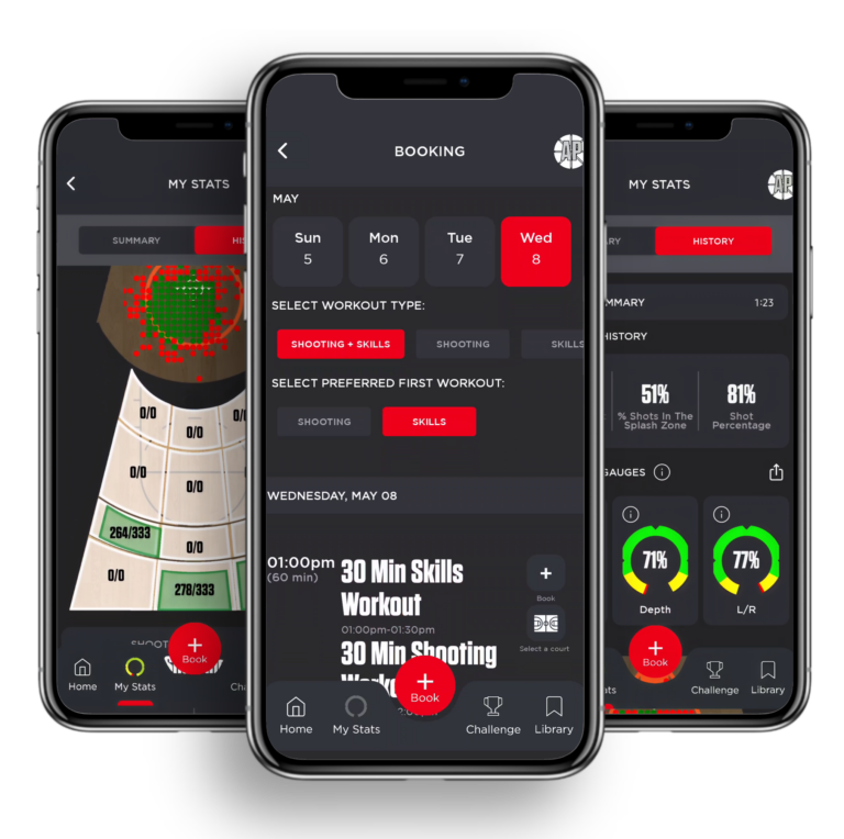 Shoot 360 mobile app showing workout booking, shooting stats, and performance analytics on smartphone screens.